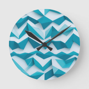 Teal Geometric Chevron 3D Pattern Round Clock