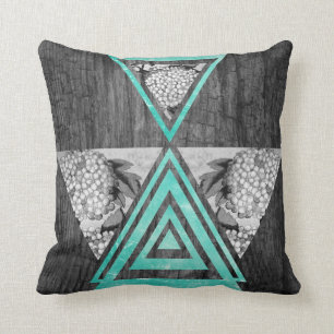 Teal geometric floral wood cushion