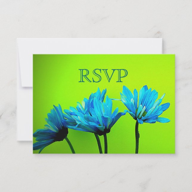 Teal Gerber Daisies on Lime Green Wedding RSVP Card (Front)