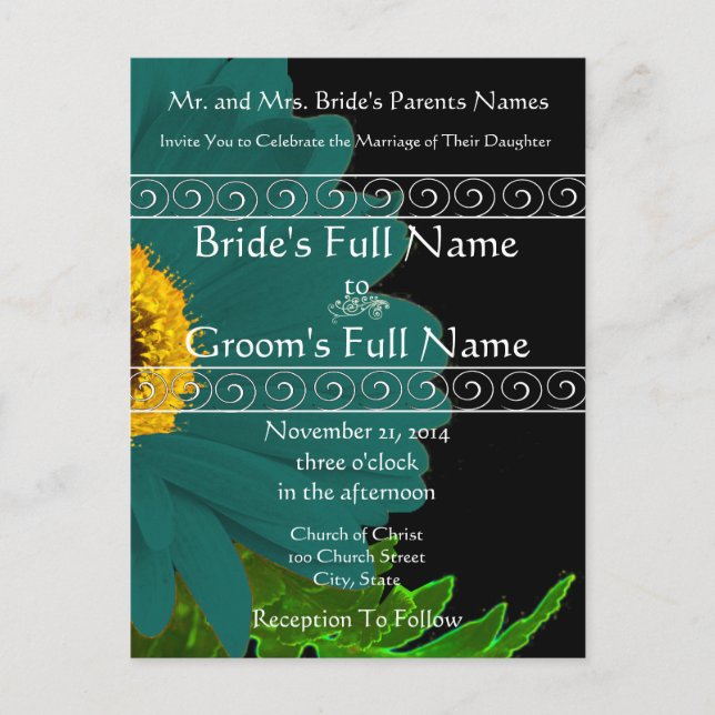 Teal Gerber Daisy Wedding Invitation (Front)