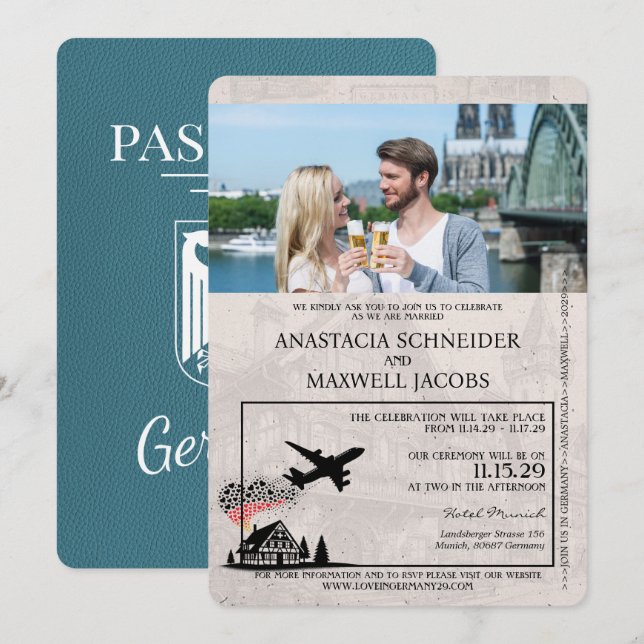 Teal Germany Passport Wedding Invitation (Front/Back)