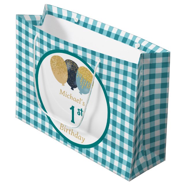 Teal Gingham Balloons Custom Multi Photo Birthday Large Gift Bag (Front Angled)