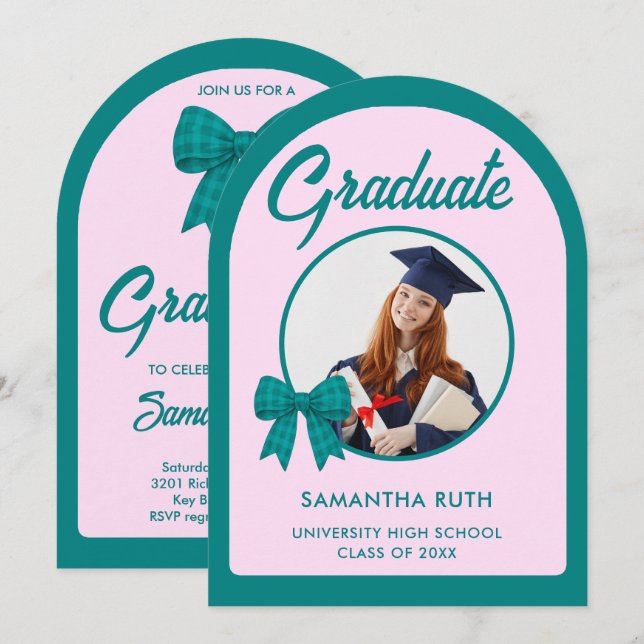 Teal Gingham Bow Arch Photo Graduation Party Invitation (Front/Back)
