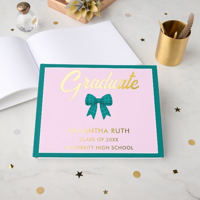 Teal Gingham Bow Graduation Party Guest Book (Front Open)