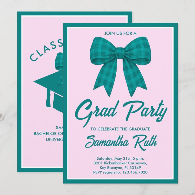 Teal Gingham Bow Graduation Party Invitation (Front/Back)