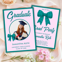 Teal Gingham Bow Photo Graduation Party