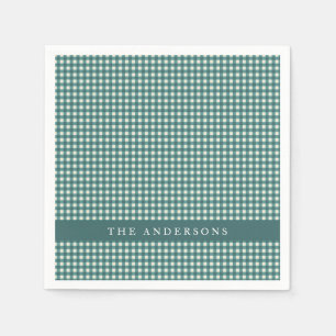 Teal Gingham Custom Family Name Entertaining Napkin