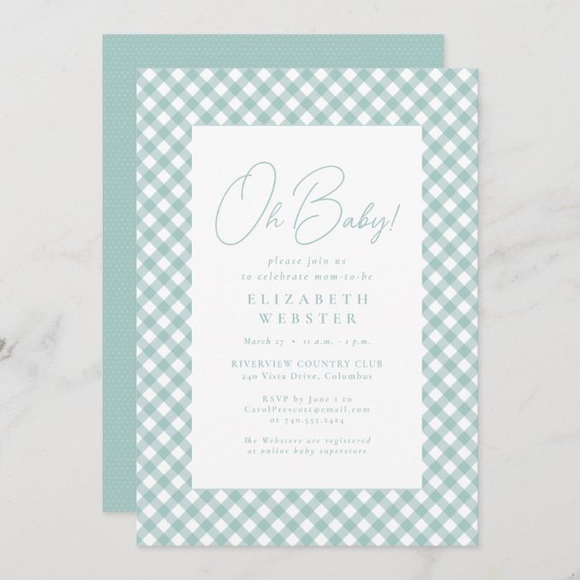 Teal gingham cute simple neutral baby shower invitation (Front/Back)