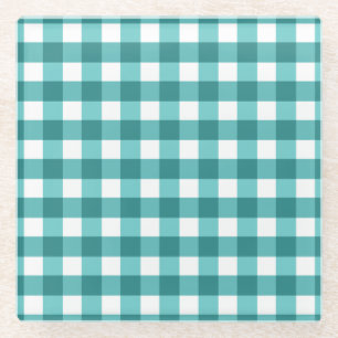 Teal gingham glass coaster