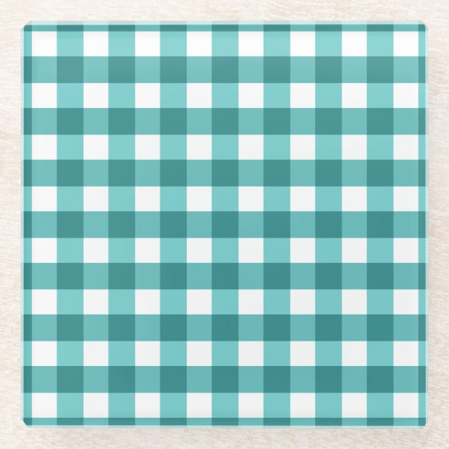 Teal gingham glass coaster (Front)