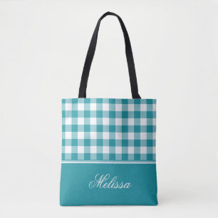 Teal Gingham   Personalised Tote Bag