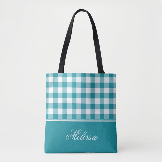 Teal Gingham | Personalised Tote Bag (Front)
