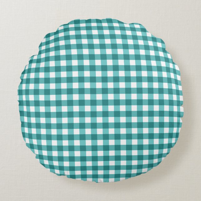 Teal gingham round cushion (Front)