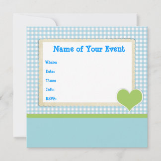 Teal Gingham with Green Heart Square Invitations