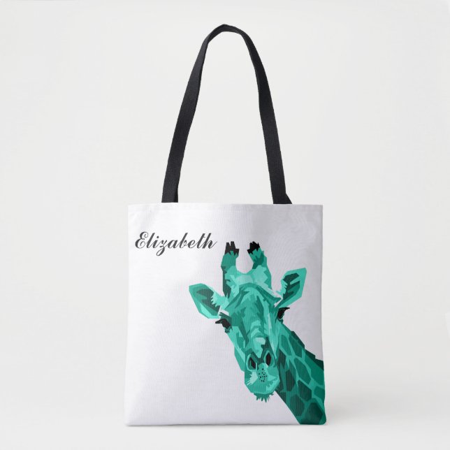 Teal Giraffe Pop Art Personalised Tote Bag (Front)
