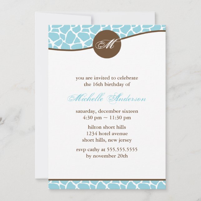Teal Giraffe Print Birthday Invitation (Front)