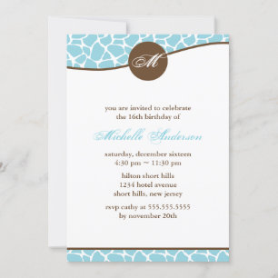Teal Giraffe Print Birthday Invitation