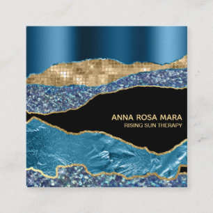 *~* Teal Glam Agate Geode Gold Glitter Black Square Business Card