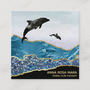 *~* Teal Glam Beach Dolphins Gold Glitter Black Square Business Card