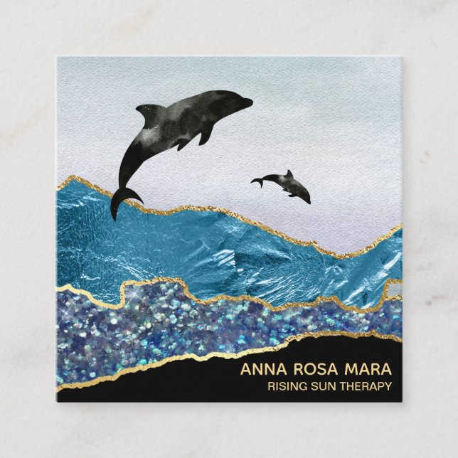 *~* Teal Glam Beach Dolphins Gold Glitter Black Square Business Card (Front)