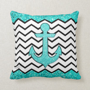 Teal glitter anchor and chevron cushion