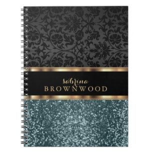 Teal Glitter and Black Damask  Notebook