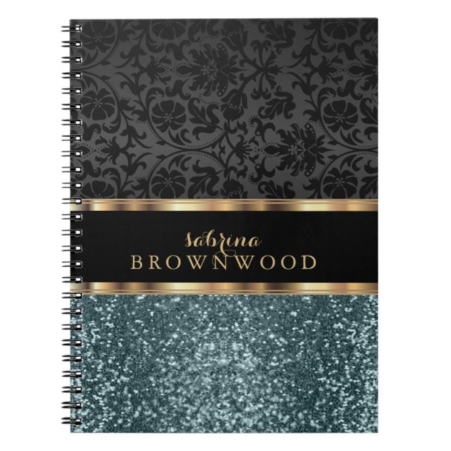 Teal Glitter and Black Damask  Notebook (Front)