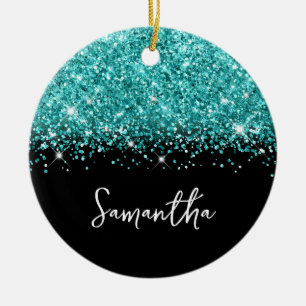 Teal Glitter and Black Glam Name Photo Ceramic Tree Decoration