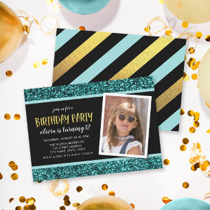 Teal Glitter Any Age Photo Birthday Invitation