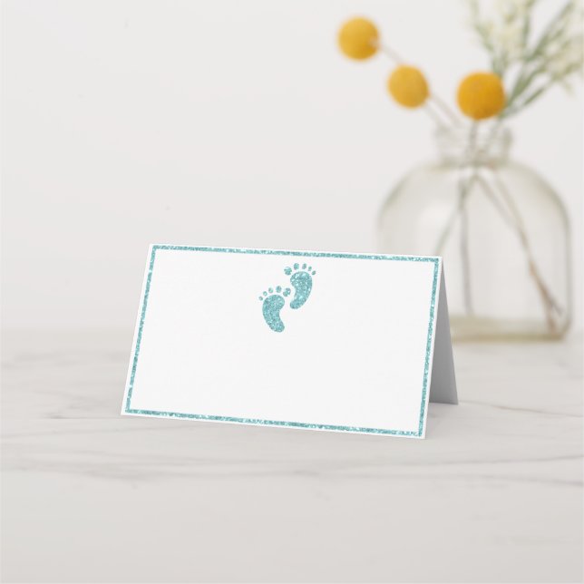 Teal Glitter Baby Feet Place Card | Glam Baby Show (Front)