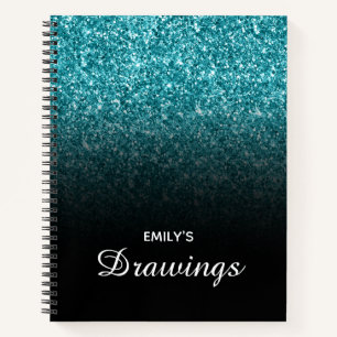Teal Glitter Black Ombre Personalised Drawing Notebook