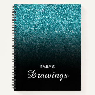 Teal Glitter Black Ombre Personalised Drawing Notebook