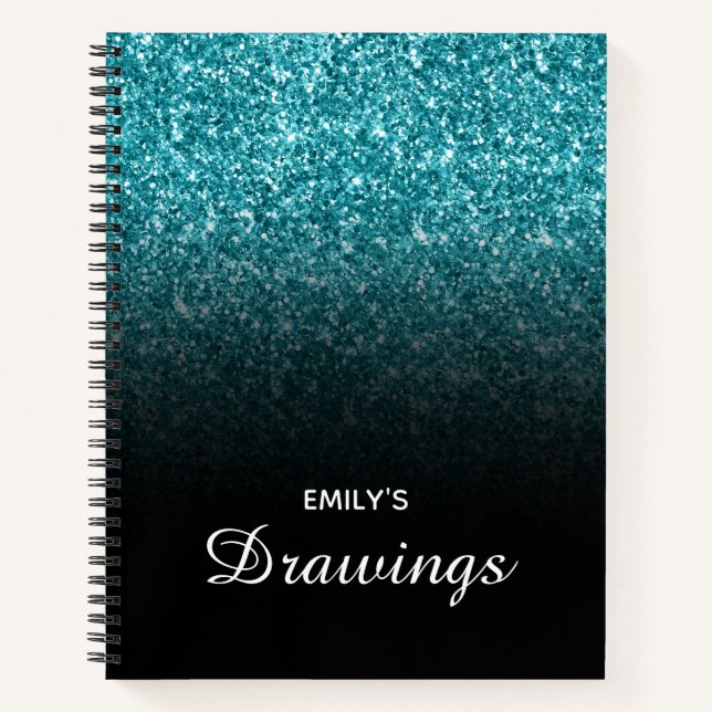 Teal Glitter Black Ombre Personalised Drawing Notebook (Front)