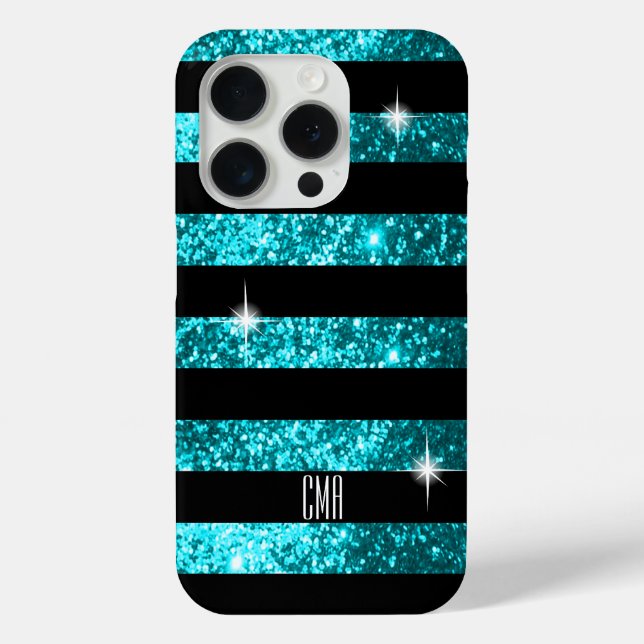Teal Glitter & Black Stripes | DIY Monogram Case-Mate iPhone Case (Back)