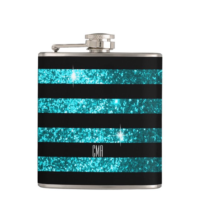 Teal Glitter & Black Stripes | DIY Monogram Hip Flask (Front)