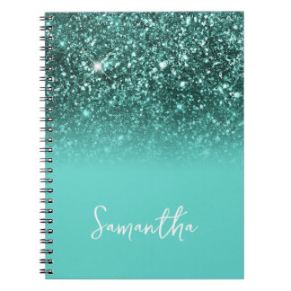 Teal Glitter Blue Ombre Name Notebook