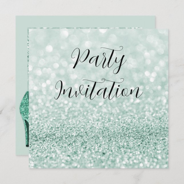 Teal Glitter Bokeh & Stilettos Birthday Invitation (Front/Back)