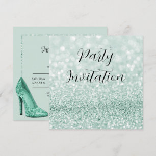 Teal Glitter Bokeh & Stilettos Birthday Invitation
