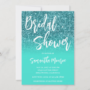 Teal Glitter Bright Turquoise Ombre Bridal Shower Invitation