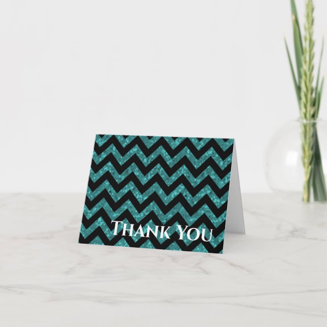 Teal Glitter Chevron Folded Thank You Card (Front)