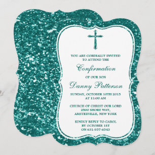 Teal Glitter Cross Holy Communion Or Confirmation Invitation