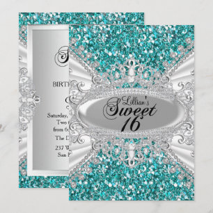 Teal Glitter Diamond Tiara Sweet 16 Invite