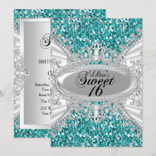 Teal Glitter Diamond Tiara Sweet 16 Invite