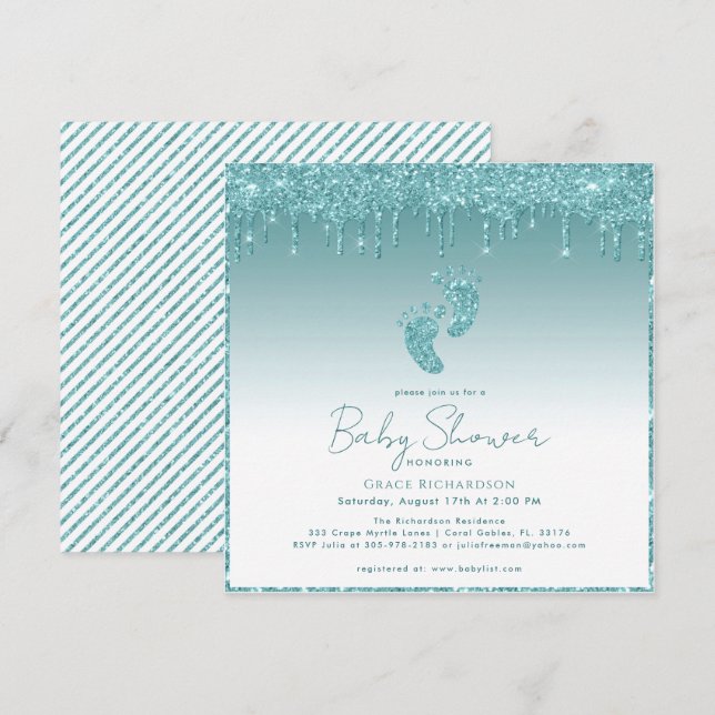 Teal Glitter Drips Baby Shower Invitation  (Front/Back)