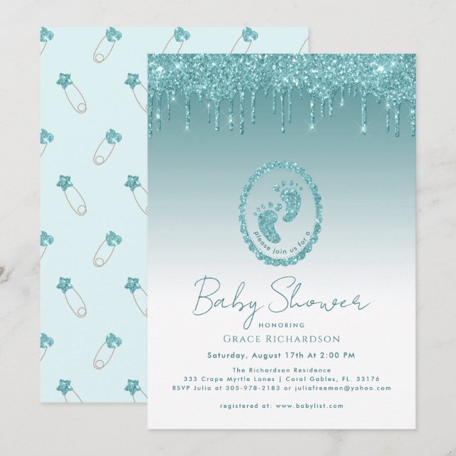 Teal Glitter Drips Baby Shower Invitation (Front/Back)