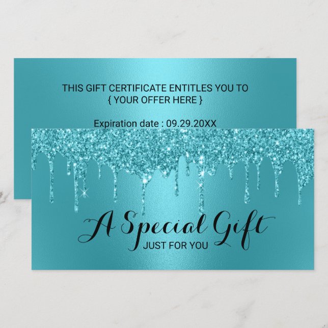 Teal Glitter Drips Salon & Spa Gift Certificates (Front/Back)