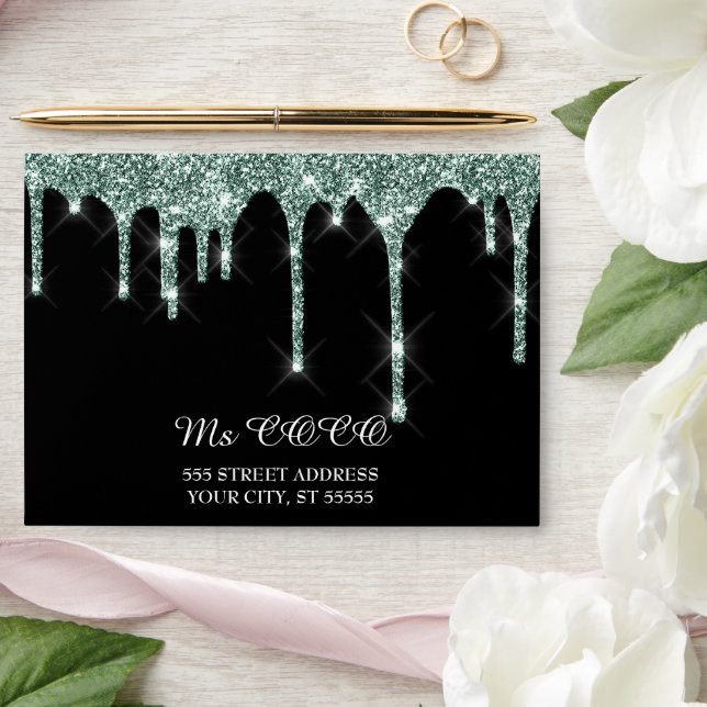 Teal Glitter Drips Wedding Black Corporate  Envelope (Wedding)