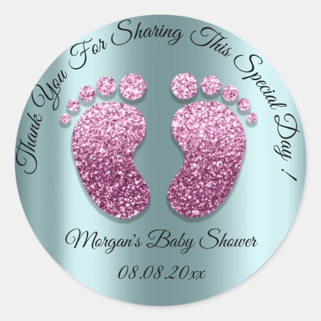 Teal Glitter Feet Baby Shower Favour Thank You Classic Round Sticker (Front)