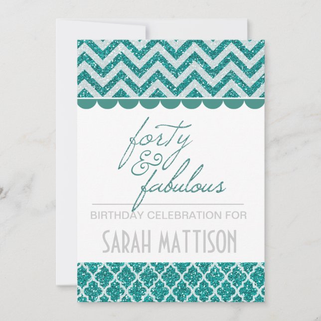 Teal Glitter Forty and Fabulous Birthday Invite (Front)