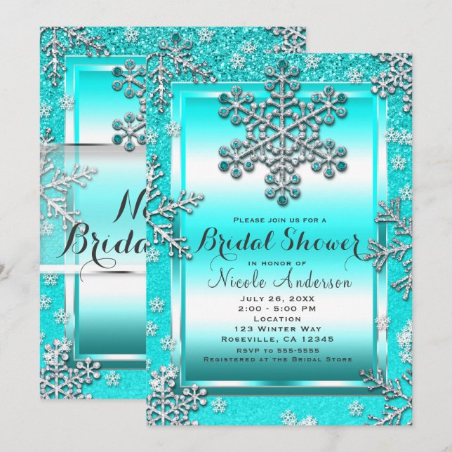 Teal Glitter Glam Winter Wonderland Snowflakes Invitation (Front/Back)